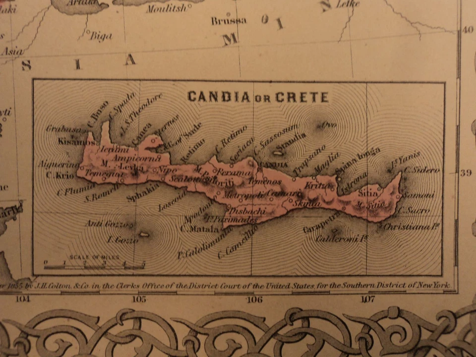 1855 1st COLTON Atlas Color Map TURKEY Asia Minor Crete Macedonia Bosnia 14x17in - Image 3 of 4