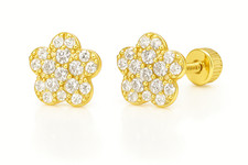 14K Yellow Gold CZ Birth Stones Dainty Minimalist Stud Earrings Flower 8mm Gift