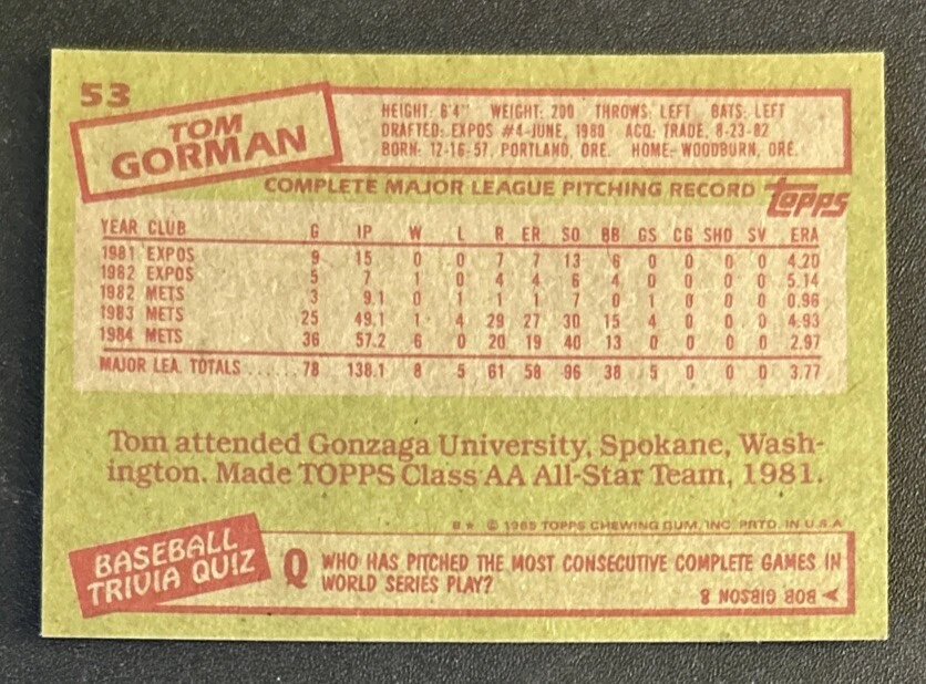 1985 Topps Tom Gorman Baseball Card #53 Mets Pitcher EXMT O/C - Image 2 of 2