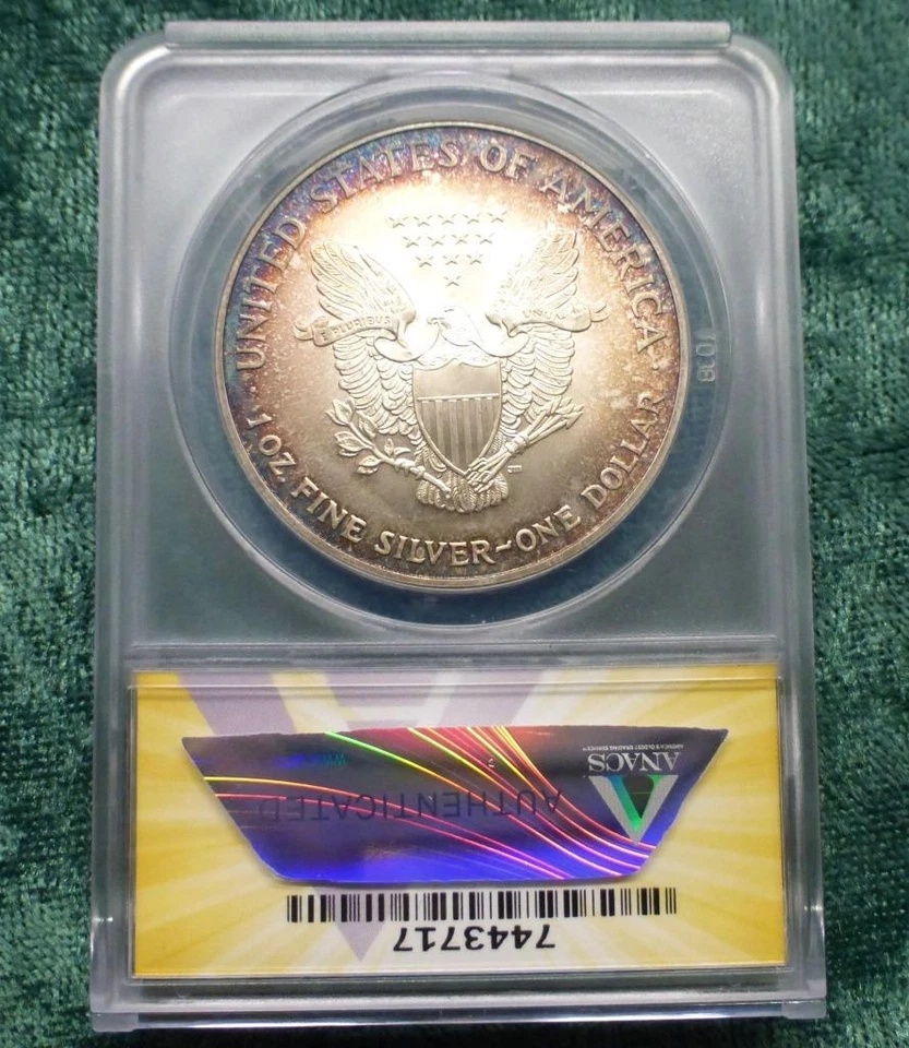 2003 ANACS MS67 Silver Eagle Dollar, 1oz .999 $1, Rainbow Color Tone BLUE, PINK - Image 4 of 4