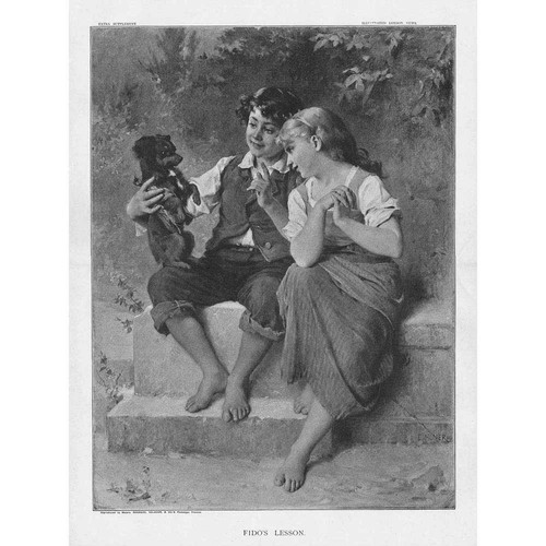 FIDO'S LESSON by Emile Munier, Children with Little Dog - Antique Print 1885