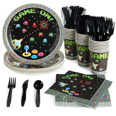 144 Piece Video Game Arcade Party Supplies for Kids Birthday, 24 Guests