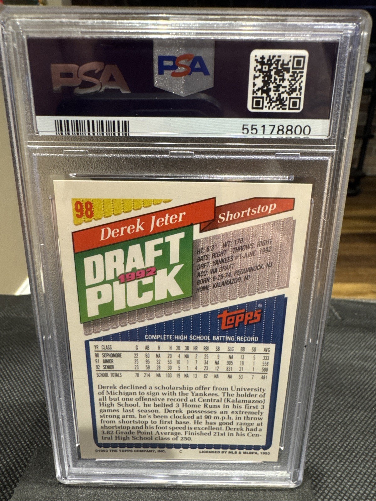 1993 Topps - Derek Jeter #98 (RC) PSA 8 view 2