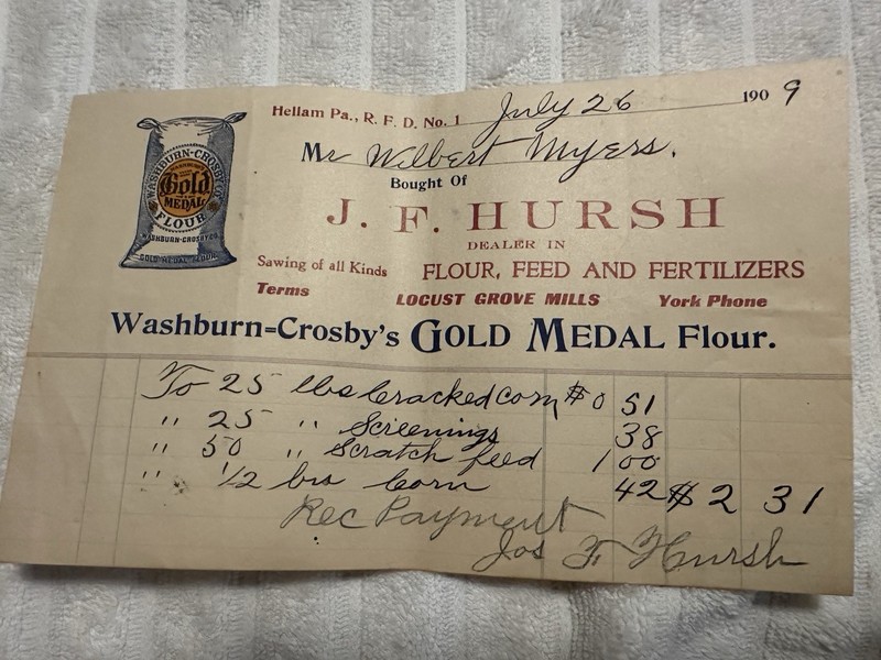 Hellam. PA - J.F. Hursh Locust Grove Mills - Flour Feed Fert. Billhead 1909