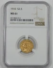 1910 GOLD Indian Head $2.50 Quarter Eagle CERTIFIED NGC MS 61