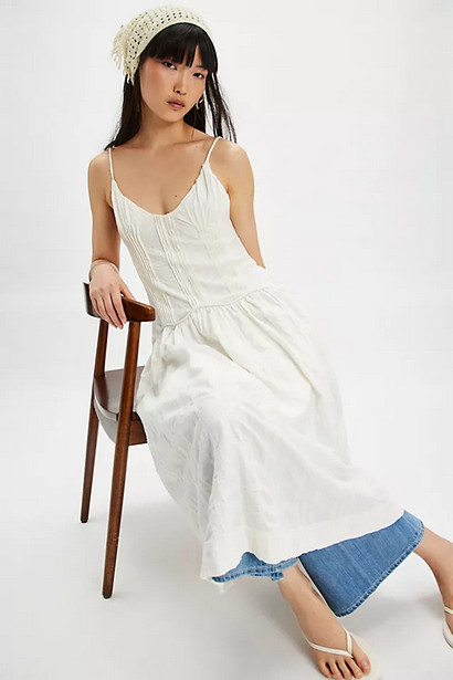 Free People Ezra Midi Dress Pleated Adjustable Shoulder Tie Back Ivory New XL 16 View 2