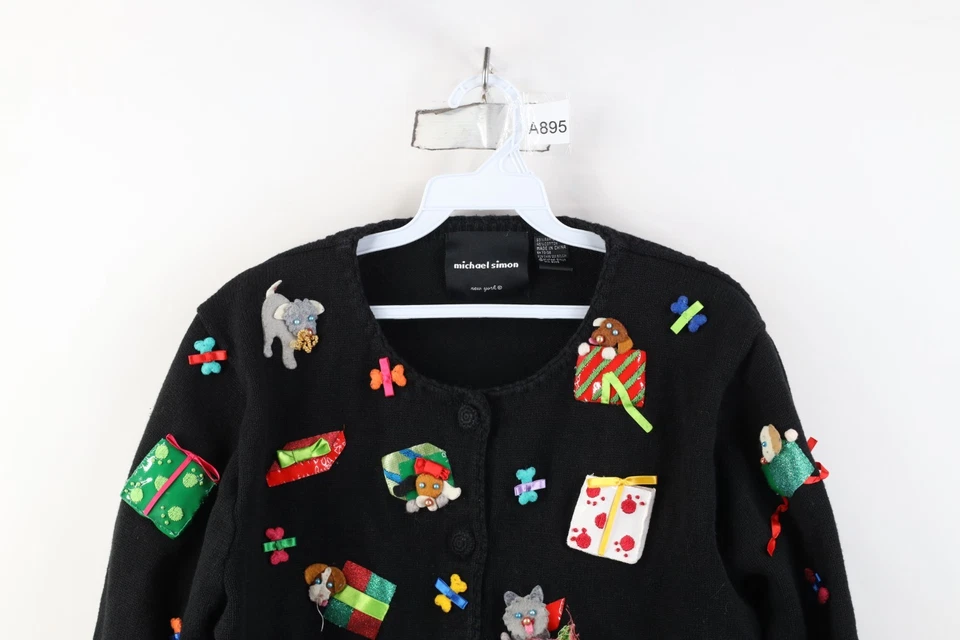Vtg Y2K 2000 Michael Simon Womens L Christmas Dog Present Knit Cardigan Sweater - Image 2 of 4
