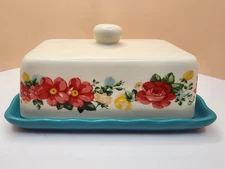 Pioneer Woman Covered Butter Dish Stoneware Floral Ruffled Teal Base