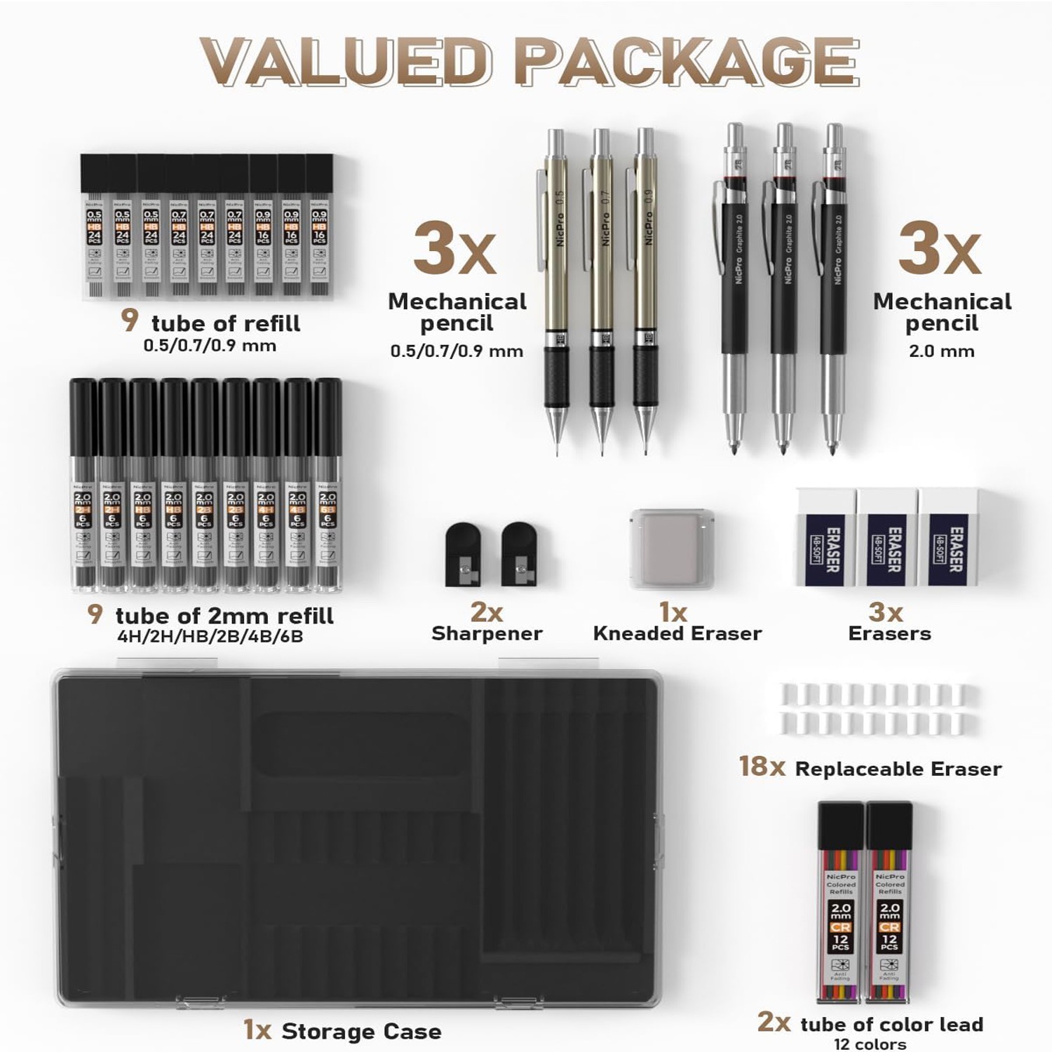 35PCS Art Mechanical Pencils Set, 3 PCS Metal Drafting Pencil 0.5 mm & 0.7 mm &