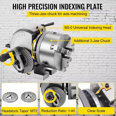 Dividing Head Precision BS-4in/5in/6in 3-Jaw Indexing Head Tailstock Chuck Tool