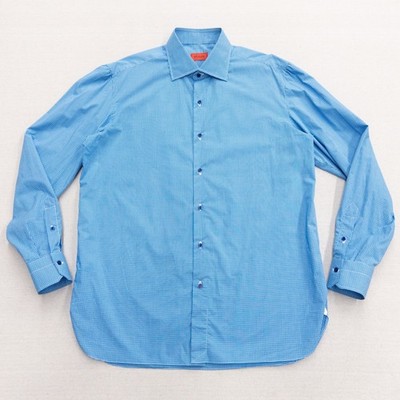 Isaia Napoli Dress Shirt Mens 17 43 Blue White Micro Check Cotton Italy Spread
