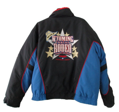 Vtg Down Jacket Wyoming Junior Rodeo WJRS Adult Men Size L Cowboy Western