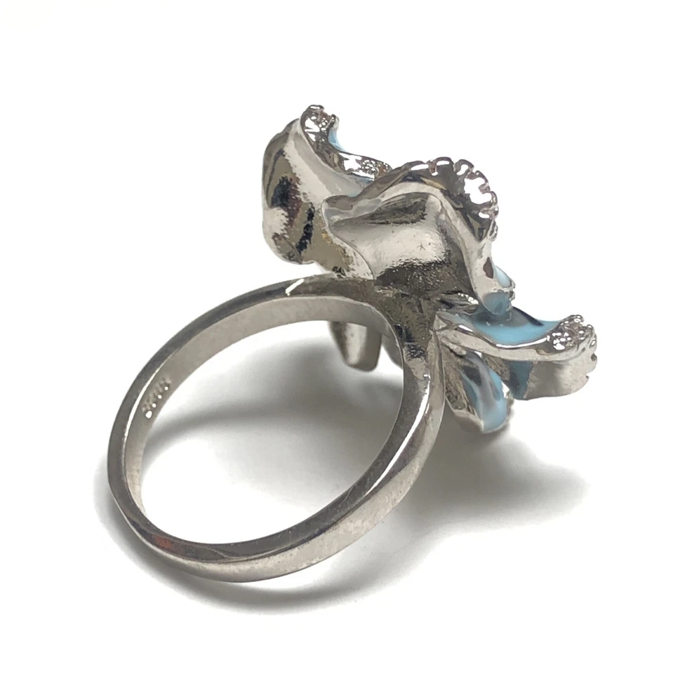 Anillo Imperial Azul Gris Esmalte Flor Pavé Circonita Cz Acentos Rodio S925 Talla 5.7 Foto 3 de 4