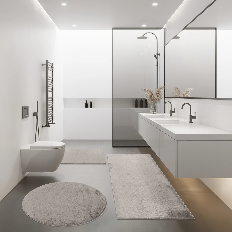 Moderne Badematte Badezimmer Teppich Shaggy Kuschelig Weich Einfarbig Grau