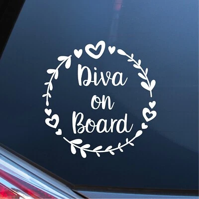 Diva on Board Car Window Glass Sticker Vinyl Decal Child Baby Van Sign Hearts