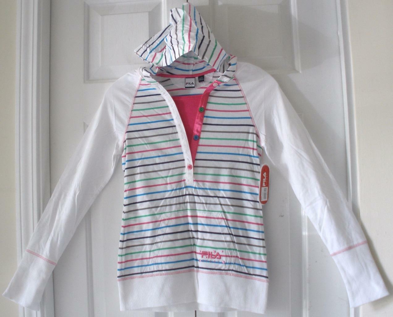 Felpa con cappuccio Fila Sport bianca multicolore righe lunghe slv cotone nuova con etichette top large L