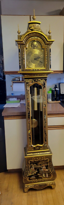 RARE ASIAN TEMPUS FUGIT GRANDFATHER CLOCK CHINOISERIE BLACK