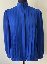 Vintage 1980s Kat Royal Blue Secretary Blouse with Front Pleats Sheer Large