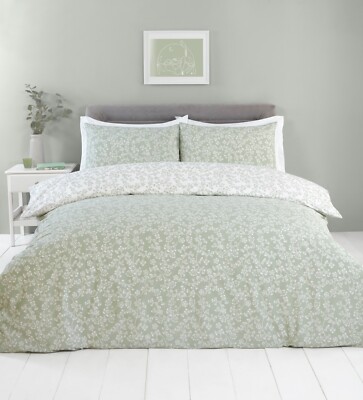 Blumendesign Bettbezug Set in Salbeigrün & Weiß Wende Polycotton Sade