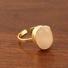 Faceted Cut Blue Fire Moonstone Yellow Gold Plated Oval Stone Adjustable Ring