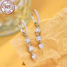 925 Sterling Silver CZ Earrings Round Square Huggie Dangle Drop for Women Party