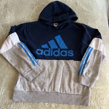 Adidas Boys Navy Blue Gray White Logo Long Sleeve Athletic Hoodie Large 14-16