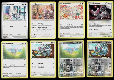 Glameow Pokemon Card Collection Set of 8 English Cards Cute With Reverse Holo