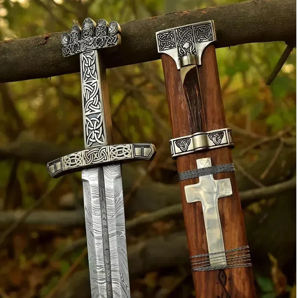 Wikinger Schwert Damast – Handgeschmiedet Mittelalter Schwert mit Lederscheide - Bild 2 von 4
