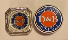 (LOT 2) Dave and Busters Clear Logo Ashtray & Logo Coaster Set (6) In Tin Holder