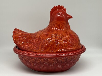 RARE & beautiful Red Hen On Nest Ceramic chicken HON vtg/ 12  Long 11x9 