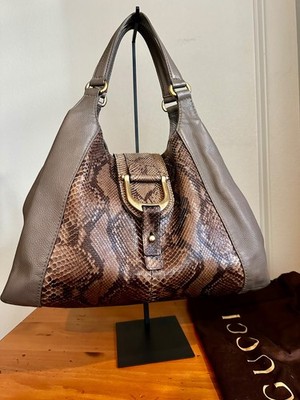 Gucci leather soft stirrup Grey, Python Skin Trim Shoulder Bag