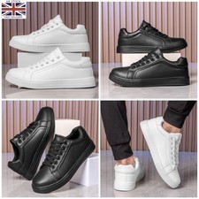 Mens Black White Leather Waterproof Walking Shoe Trainer Plain Running Sneakers