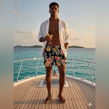 George Men's BlackTropical Vacation Travel Beach Hawaiian Swim Trunks Size 2XL