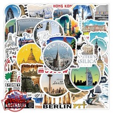 56pc World Travel Stickers, Cityscape Aesthetic Map Vinyl Waterproof