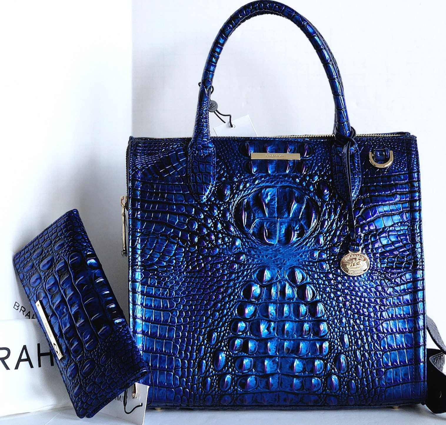 🌹Brahmin Caroline Satchel Neptune Leather Carryall Bag+Bifold Wallet NWT***HTF