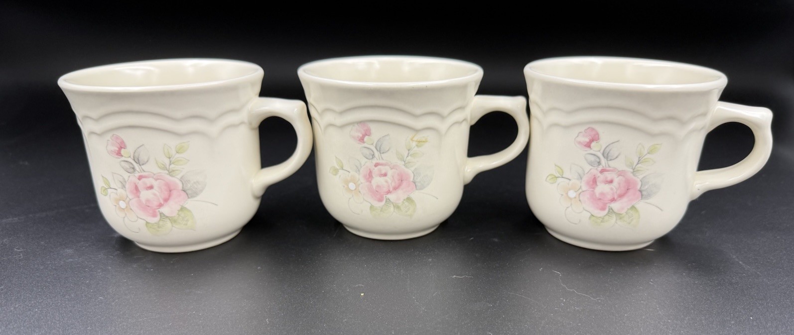 Set of 3 Pfaltzgraff Tea Rose Stoneware Flat Bottom Cups Mugs