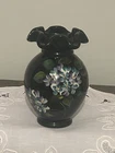 Fenton Hand Painted Black Glass Vase w/ Flowers Design 5 1/2” X 4”