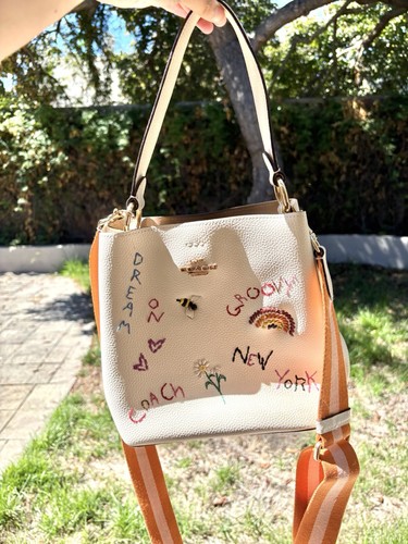 Coach Chalk Multi Diary Embroidery Small Town Leather Bucket Bag $450