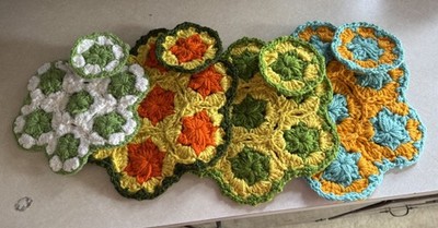 70 s Kitschy Crochet Placemat Coaster Sets Granny Squares Handmade Lot of 4