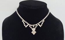 50s VICTORIAN DESIGN CLEAR WHITE RHINESTONES PRONGED 14" CHOKER NECKLACE  EC