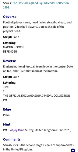 Medaille - Sainsbury's Official England Squad 1998 Martin Keown 🇬🇧 UK  - Bild 4 von 4