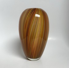 Hand Blown Glass Pulled Feather Vase Yellow Red Green Orange 9.5" Cased White