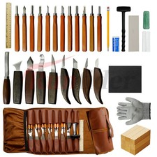 44-Piece Wood Carving Set with Leather Case Knives, Chisels Sharpening Stone