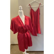 Vintage Cinema Etoile Red Satin Slip Dress and Robe Sz S/M 2-Piece Lingerie Set