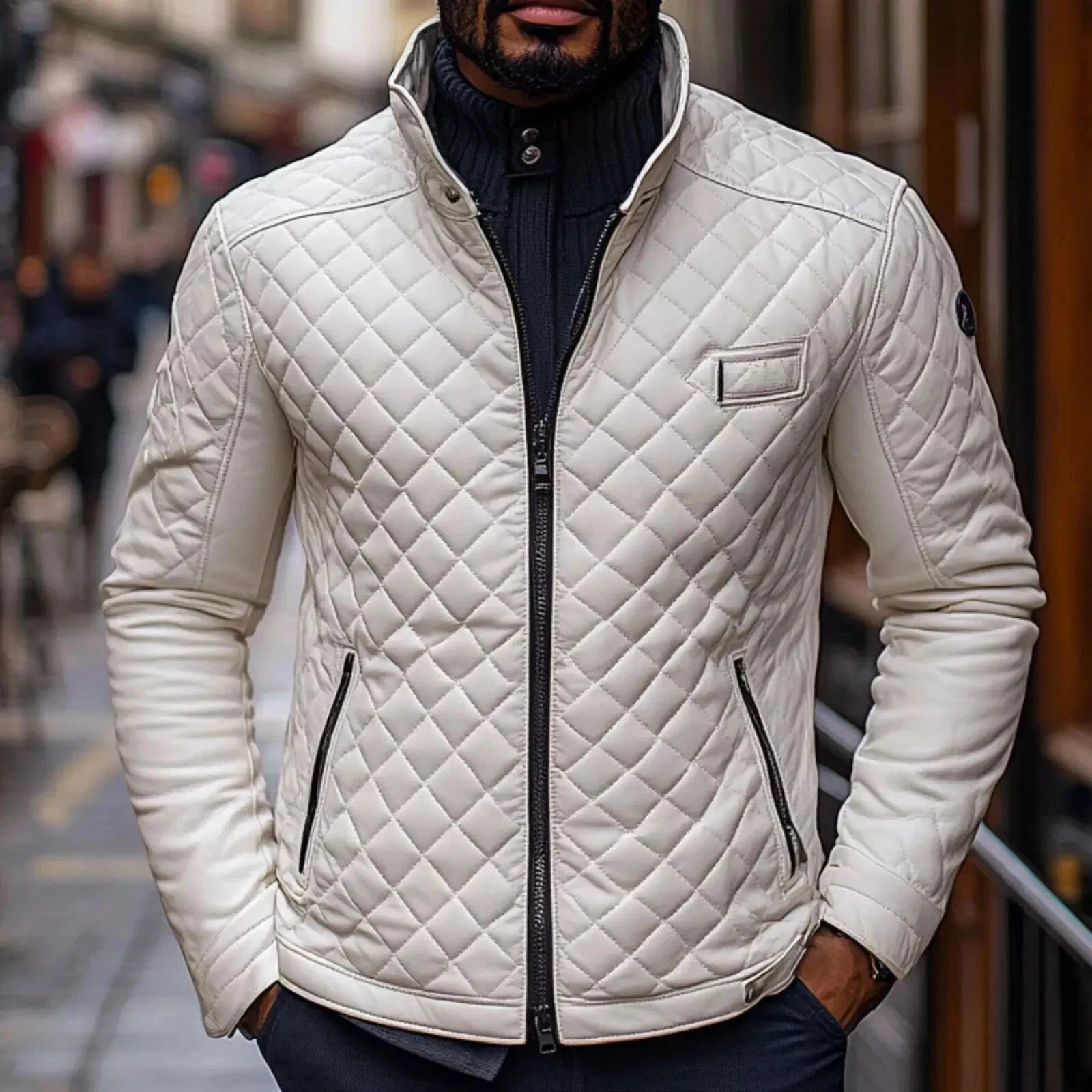 Mens White Genuine Black Leather Lambskin Quilted Down Jacket