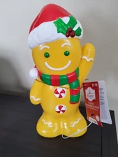 Holiday Time Gingerbread Man Blow Mold 11" Tabletop Lights Up Red Hat Battery