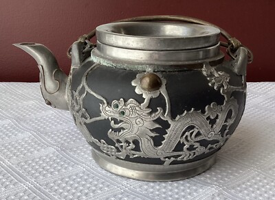 Antique Chinese Dragon Teapot/ Wen Hua Shun Ceramic & Pewter Teapot