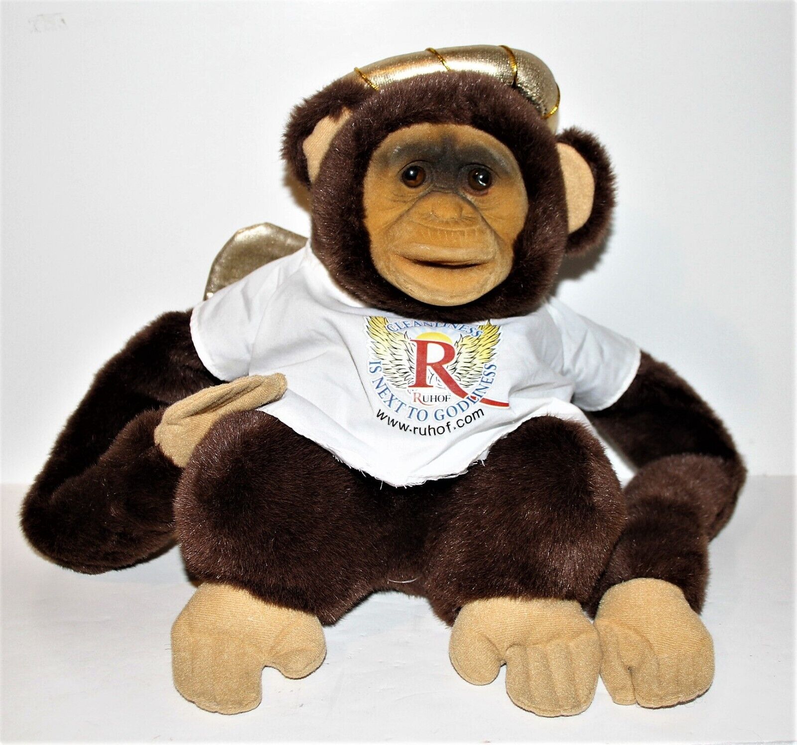 RUHOF Monkey HAND PUPPET 15" Plush in ANGEL costume w/Gold Halo & Wings SQUEAKER