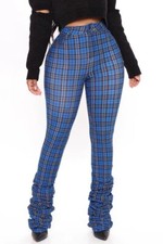 For Fashion Nova Size Small Can't Stop The Beat Plaid Stacked Pants Blue Combo