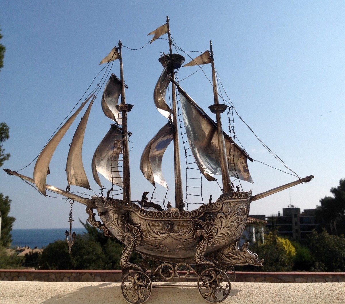 ANTIQUE XIX CENTURY 865 GR.STERLING SILVER NEF SAILING GALLEON